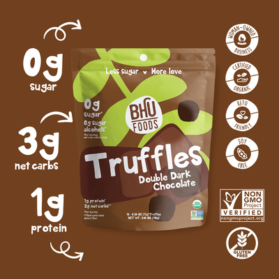 Double Dark Chocolate Truffles has 0g sugar, 3g net carbs and 1g protein per serving. It is certified organic, keto friendly, soy free, non-GMO project verified, gluten free and a woman-owned business.