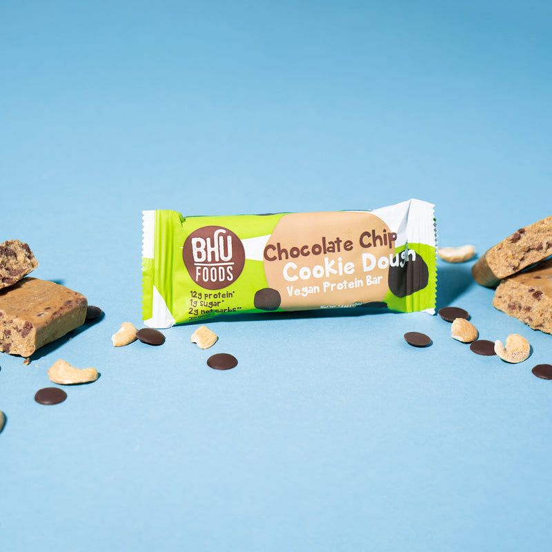 An individually wrapped Chocolate Chip Cookie Dough Vegan Protein Bar.