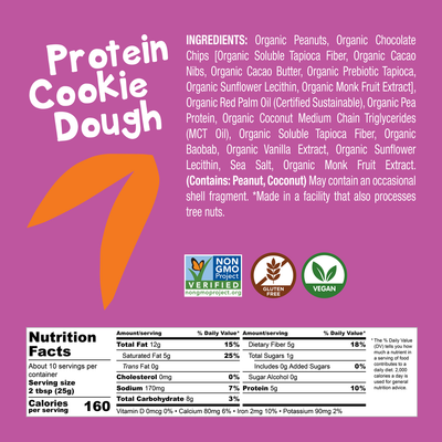 Ingredients: Organic Peanuts, Organic Chocolate Chips [Organic Soluble Tapioca Fiber, Organic Cacao Nibs, Organic Cacao Butter, Organic Prebiotic Tapioca, Organic Sunflower Lecithin, Organic Monk Fruit Extract], Organic Red Palm Oil (Certified Sustainable), Organic Pea Protein, Organic Coconut Medium Chain Triglycerides (MCT Oil), Organic Soluble Tapioca Fiber, Organic Baobab, Organic Vanilla Extract, Organic Sunflower Lecithin, Sea Salt, Organic Monk Fruit Extract.