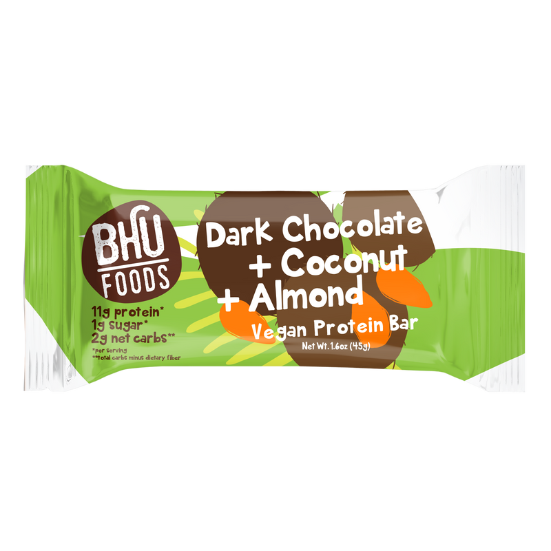 An individually wrapped Dark Chocolate Coconut Almond Vegan Protein Bar. 