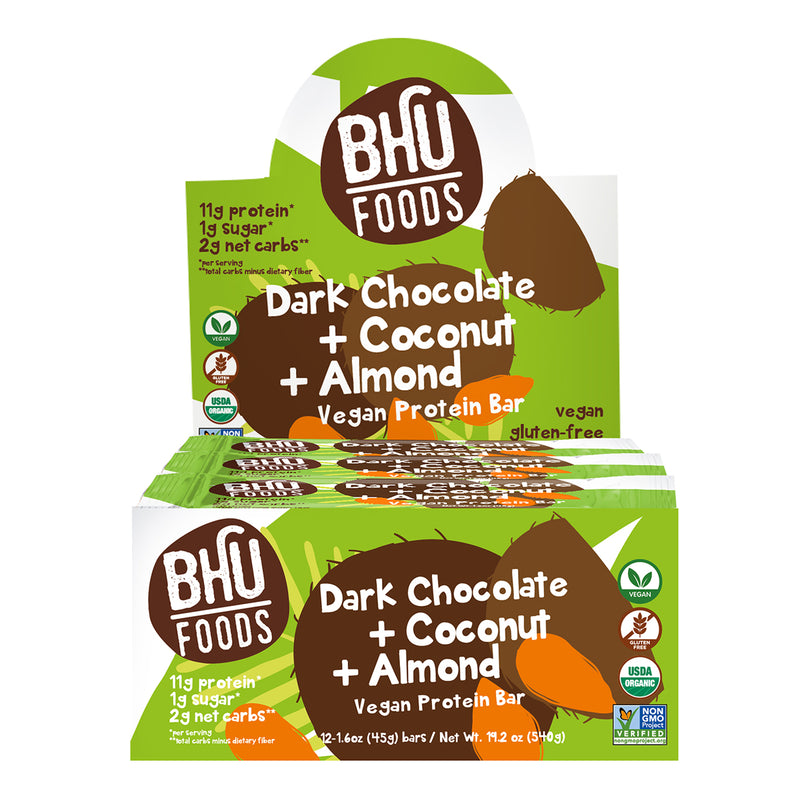 A box of Dark Chocolate Coconut Almond Vegan Protein Bar with twelve individually wrapped bars (1.6oz each) inside.