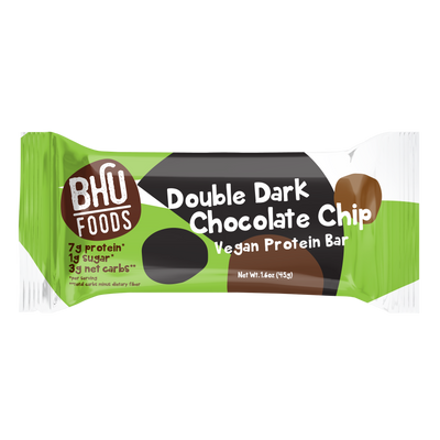 An individually wrapped Doule Dark Chocolate Chip Vegan Protein Bar. 