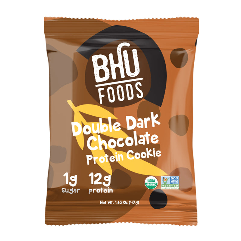 An individually wrapped Double Dark Chocolate Protein Cookie.