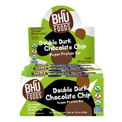 A box of Double Dark Chocolate Chip Vegan Protein Bar with twelve individually wrapped bars (1.6oz each) inside.