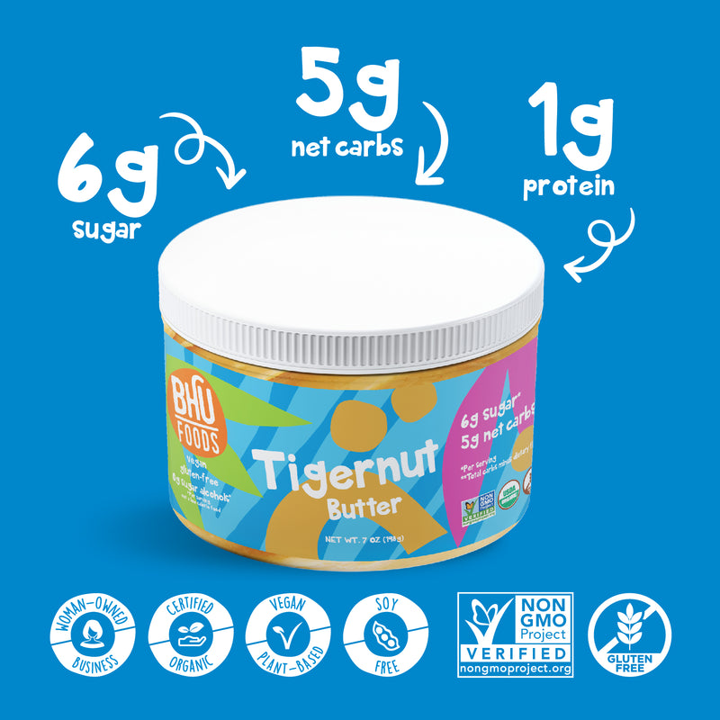 Tigernut Butter jar has 6g sugar, 5g net carbs and 1g protein per serving. It is certified organic, vegan plant-based, soy free, non-GMO project verified, gluten free and a woman-owned business.