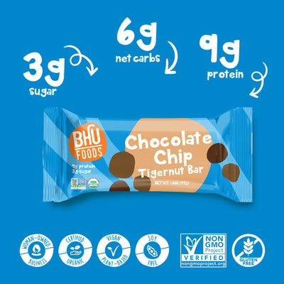 An individually wrapped Chocolate Chip Tigernut Bar has 3g sugar, 6g net carbs and 9g protein. It is certified organic, vegan plant-based, soy free, non-GMO project verified, gluten free and a woman-owned business.