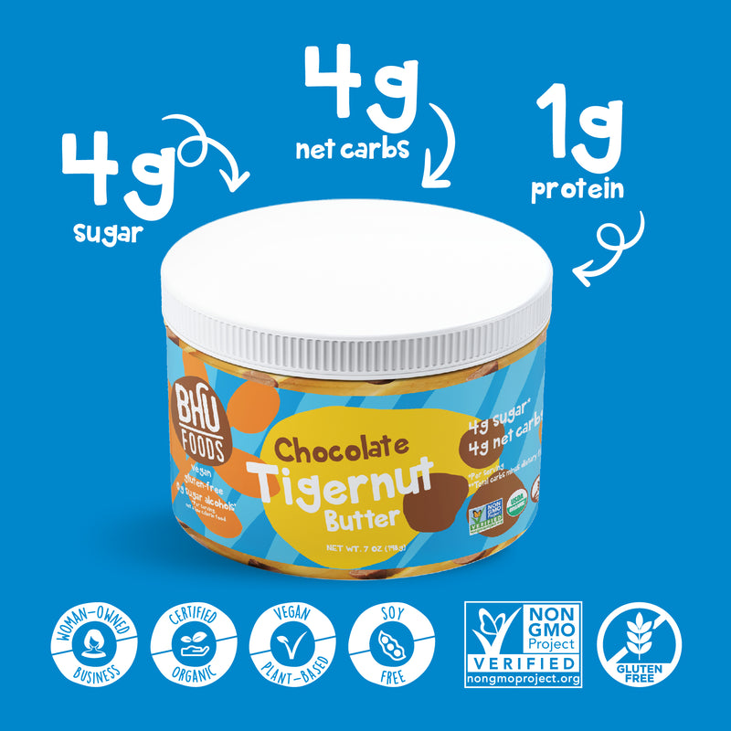 Chocolate Tigernut Butter jar has 4g sugar, 4g net carbs and 1g protein per serving. It is certified organic, vegan plant-based, soy free, non-GMO project verified, gluten free and a woman-owned business.