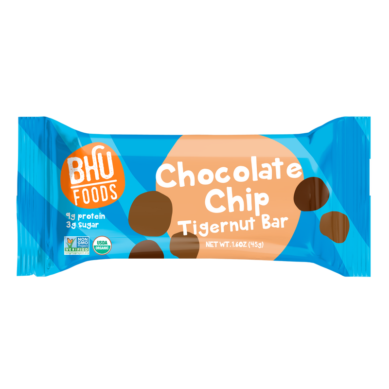 An individually wrapped Chocolate Chip Tigernut Bar. 