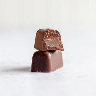 A close-up image of two double dark chocolate truffles without wrapping. 