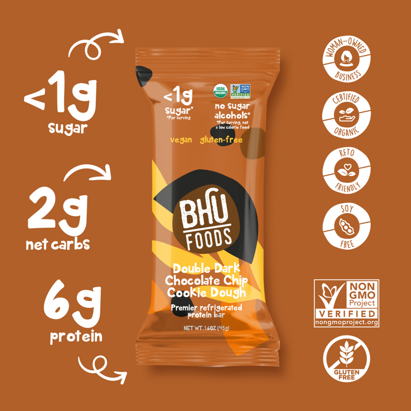 An individually wrapped Double Dark Chocolate Chip Cookie Dough Premier Refrigerated Protein Bar has <1g sugar, 2g net carbs and 6g protein. It is certified organic, keto friendly, soy free, non-GMO project verified, gluten free and a woman-owned business.