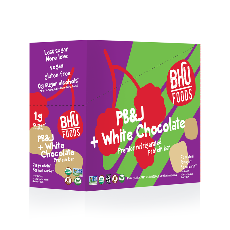 A closed box of PB&J White Chocolate Premier Refrigerated Protein Bar.