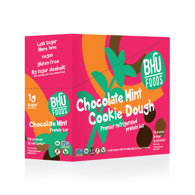 A closed box of Chocolate Mint Cookie Dough Premier Refrigerated Protein Bar.