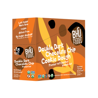 A closed box of Double Dark Chocolate Chip Cookie Dough Premier Refrigerated Protein Bar.