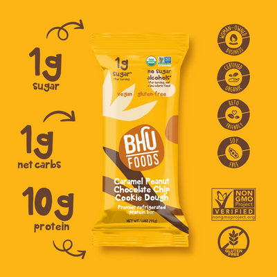 An individually wrapped Caramel Peanut Chocolate Chip Cookie Dough Premier Refrigerated Protein Bar has 1g sugar, 1g net carbs and 10g protein. It is certified organic, keto friendly, soy free, non-GMO project verified, gluten free and a woman-owned business.