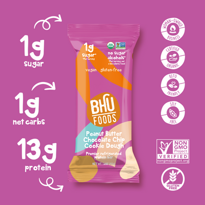 An individually wrapped Peanut Butter Chocolate Chip Cookie Dough Premier Refrigerated Protein Bar has 1g sugar, 1g net carbs and 13g protein. It is certified organic, keto friendly, soy free, non-GMO project verified, gluten free and a woman-owned business.