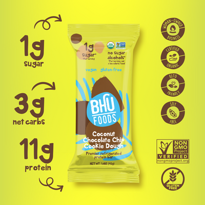 An individually wrapped Coconut Chocolate Chip Cookie Dough Premier Refrigerated Protein Bar has 1g sugar, 3g net carbs and 11g protein. It is certified organic, keto friendly, soy free, non-GMO project verified, gluten free and a woman-owned business.