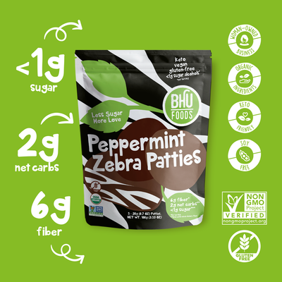 Peppermint Zebra Patties has <1g sugar, 2g net carbs and 6g fiber per serving. It has organic ingredients, keto friendly, soy free, non-GMO project verified, gluten free and a woman-owned business.