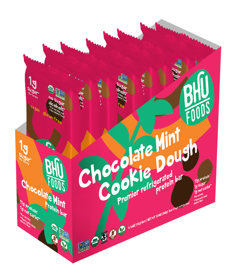 An open box of Chocolate Mint Cookie Dough Premier Refrigerated Protein Bar with eight individually wrapped bars (1.6oz each) inside.
