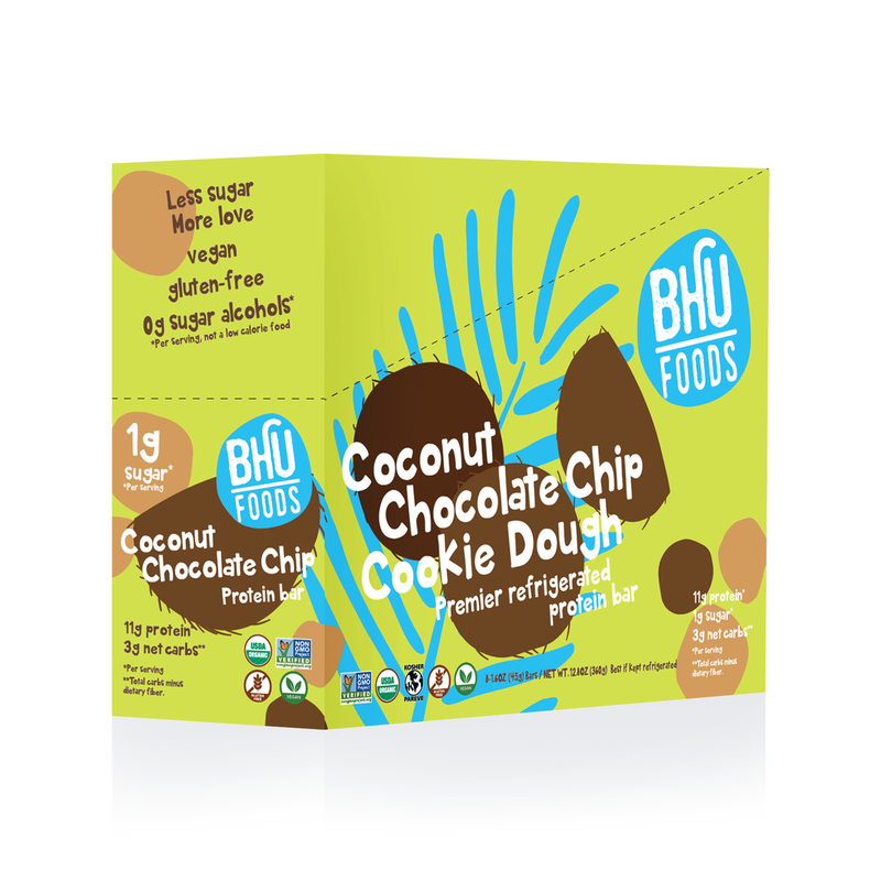 A closed box of Coconut Chocolate Chip Cookie Dough Premier Refrigerated Protein Bar.