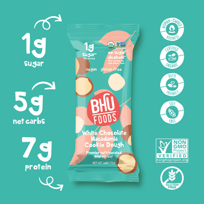 An individually wrapped White Chocolate Macadamia Cookie Dough Premier Refrigerated Protein Bar has 1g sugar, 5g net carbs and 7g protein. It is certified organic, keto friendly, soy free, non-GMO project verified, gluten free and a woman-owned business.