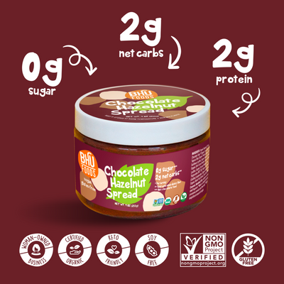 Chocolate Hazelnut Spread is certified organic, woman-owned business, keto-friendly, soy-free, gluten-free and non-GMO project verified. It has 0g sugar, 2g net carbs and 2g protein.