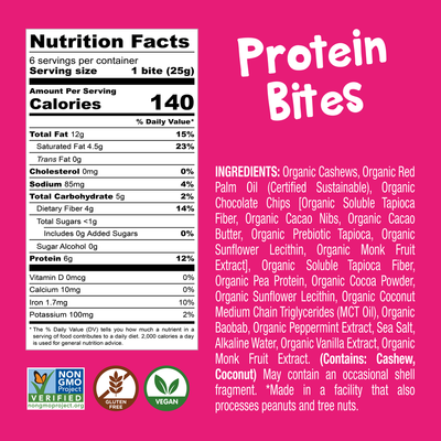 Ingredients: Organic Cashews, Organic Red Palm Oil (Certified Sustainable), Organic Chocolate Chips [Organic Soluble Tapioca Fiber, Organic Cacao Nibs, Organic Cacao Butter, Organic Prebiotic Tapioca, Organic Sunflower Lecithin, Organic Monk Fruit Extract], Organic Soluble Tapioca Fiber, Organic Pea Protein, Organic Cocoa Powder, Organic Sunflower Lecithin, Organic Coconut MCT Oil, Organic Baobab, Organic Peppermint Extract, Sea Salt, Alkaline Water, Organic Vanilla Extract, Organic Monk Fruit Extract.