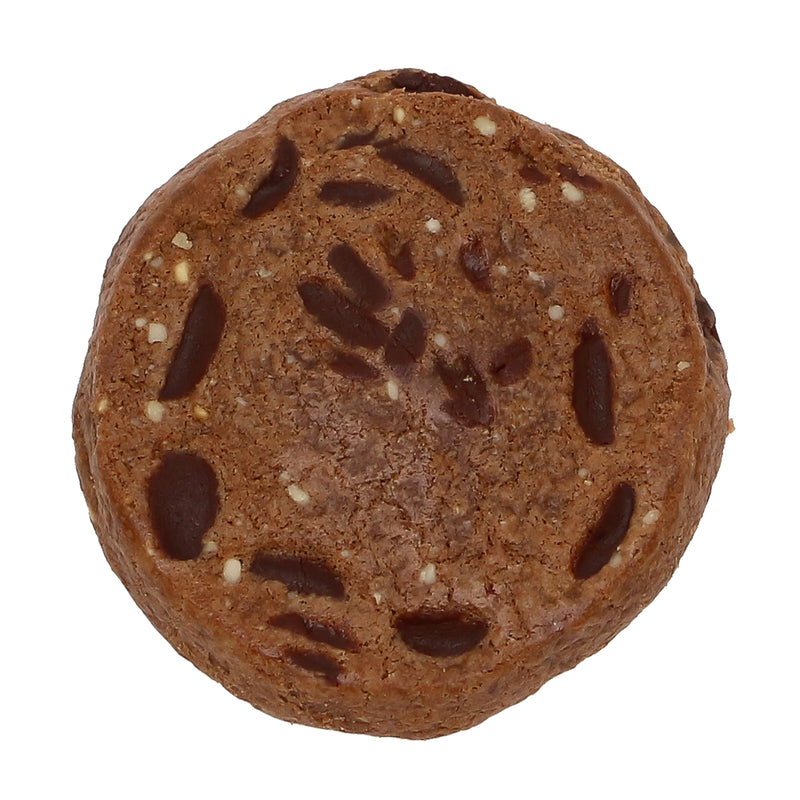 A close-up image of an unwrapped double dark chocolate protein cookie.